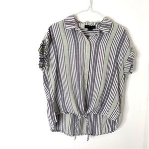 Sanctuary Linen Blend Blue Green Stripe Tie Front Cuffed Sleeve Button Shirt